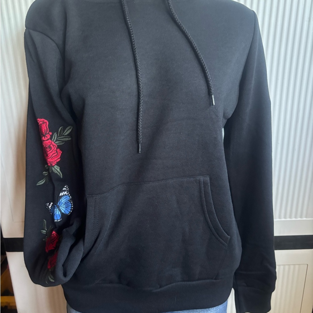 Reflex Black Hoodie with Red Roses and Blue Butterfly